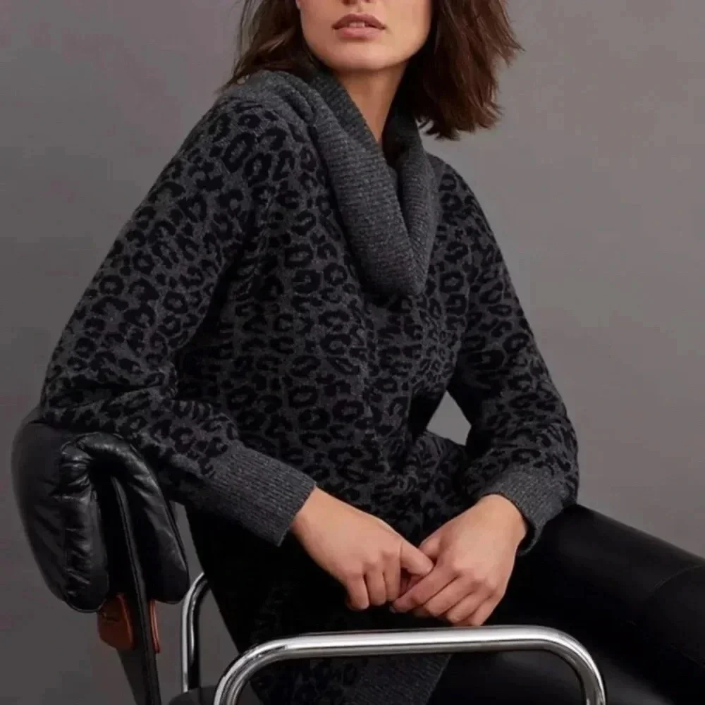 Anthropologie Emmy Cowl Neck Sweater Long Sleeve Cheetah Gray Black Cozy Size S